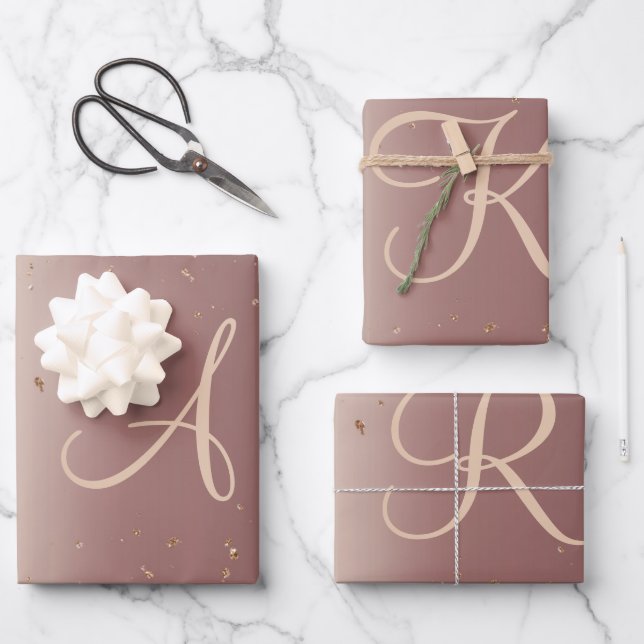 Monogram Rose Gold Glitter Script Trendy Wrapping Paper Sheet (Front)