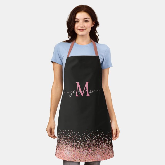 Monogram Rose Gold Glitter Sparkles and Black Name Apron (Worn)