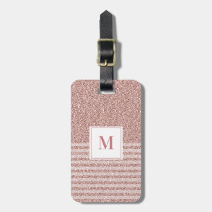 Monogram Rose Gold Glitter Stripes Girly Luggage Tag