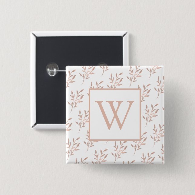 Monogram Rose Gold Leaves  2 Inch Square Button (Front & Back)