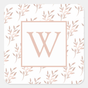 Monogram Rose Gold Leaves  Square Sticker