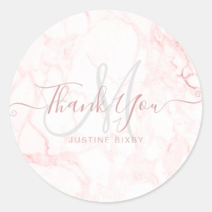 Monogram Rose Gold Marble Chic Script Thank You Classic Round Sticker