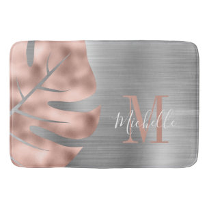 Monogram Rose Gold Palm Silver Leaf Brushed Metal  Bath Mat