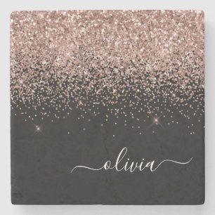 Monogram Rose Gold Pink Black Glitter Script Stone Coaster