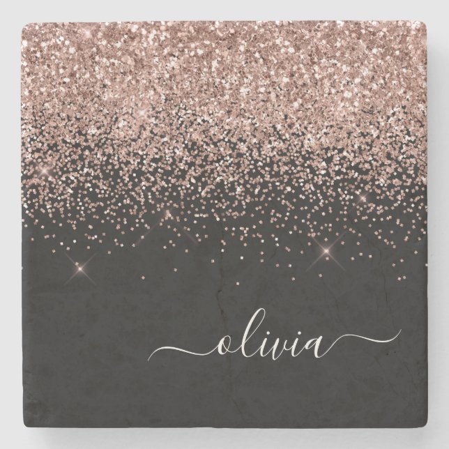 Monogram Rose Gold Pink Black Glitter Script Stone Coaster (Front)