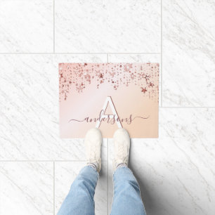Monogram rose gold pink stars modern elegant doormat