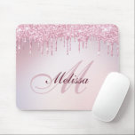 monogram rose gold purple glitter mouse pad<br><div class="desc">Monogram script lettering with an elegant pink metallic background with girly rose gold purple glitter. The text features can be customized.</div>