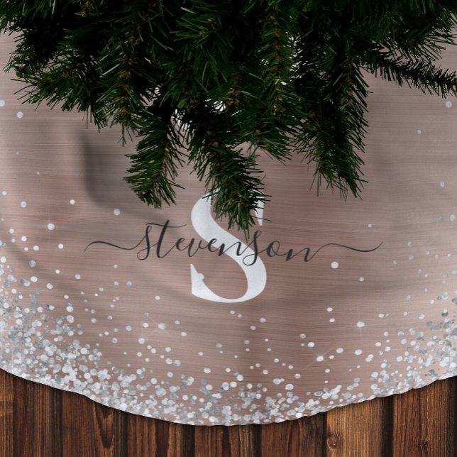 Monogram Rose Gold Silver Glitter Glam Brushed Brushed Polyester Tree Skirt (Monogram Rose Gold Silver Glitter Glam Brushed Brushed Polyester Tree Skirt)