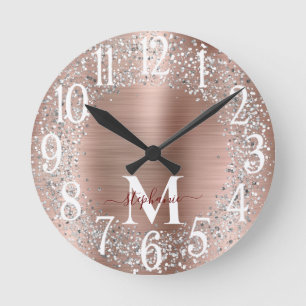 Monogram Rose Gold Silver Glitter Glam Round Clock