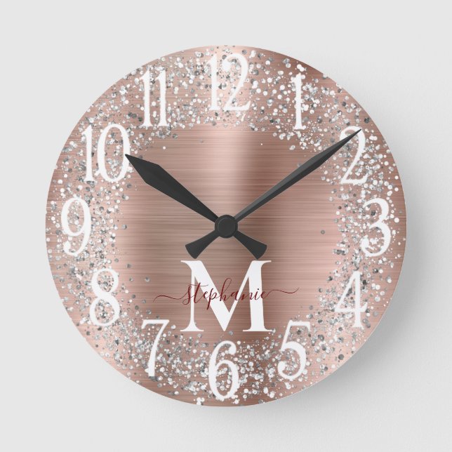 Monogram Rose Gold Silver Glitter Glam Round Clock (Front)