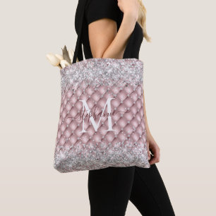 Monogram Rose Gold Tufted Diamond Silver Glitter Tote Bag