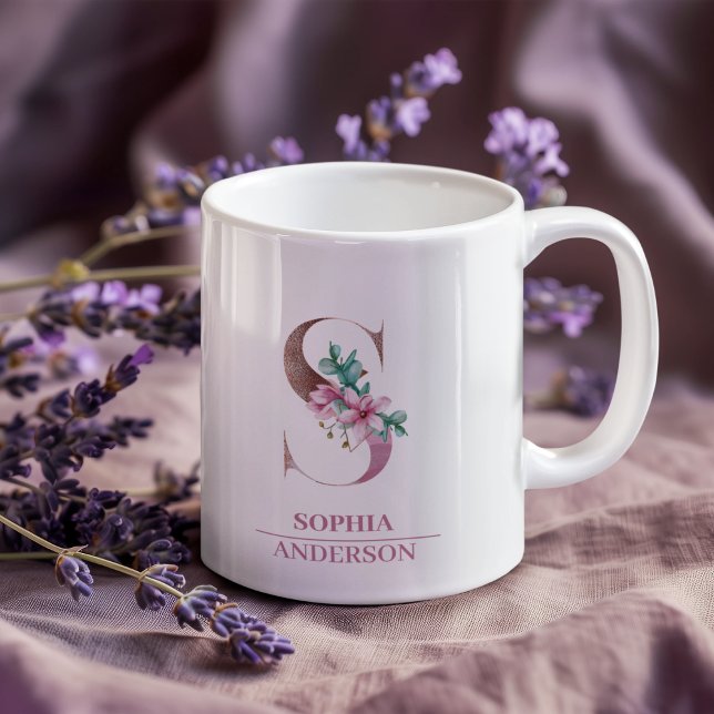 Monogram Rose Gold Watercolor Flower Letter S Coffee Mug (Creator Uploaded)