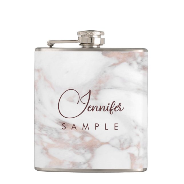 Monogram Rose Gold White Marble Template Best Hip Flask (Front)