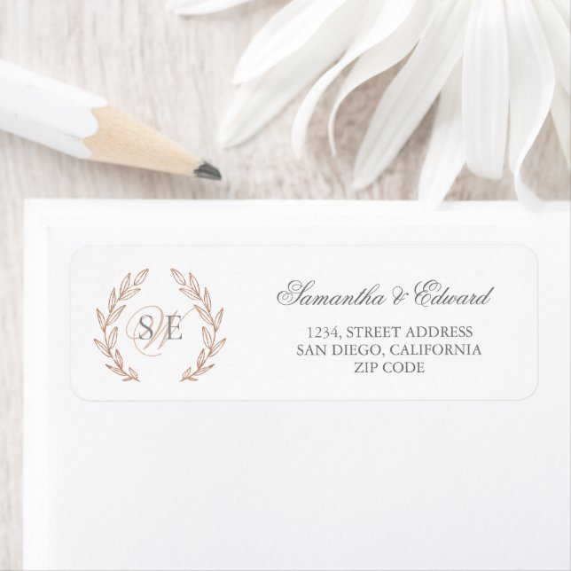 Monogram Rose Gold Wreath Wedding Return Address (Insitu)