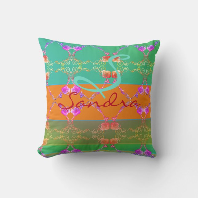 Monogram Rose Heart Apricot teal and Moss Throw Pillow (Front)