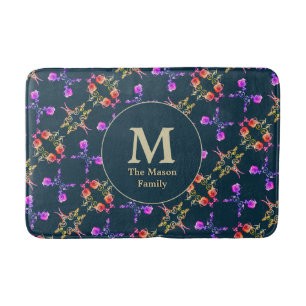 Monogram Rose Heart Pattern on Dark Blue Bath Mat