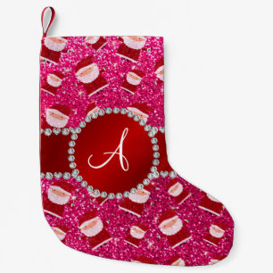 Monogram rose pink glitter christmas santa claus small christmas stocking
