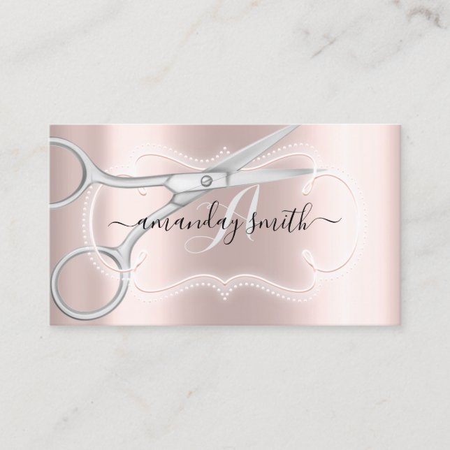 Monogram Rose Silver Scissors Hairdresser Framed Business Card (Front)