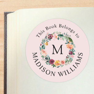 Monogram Rose Wreath This Book Belongs Bookplate Classic Round Sticker