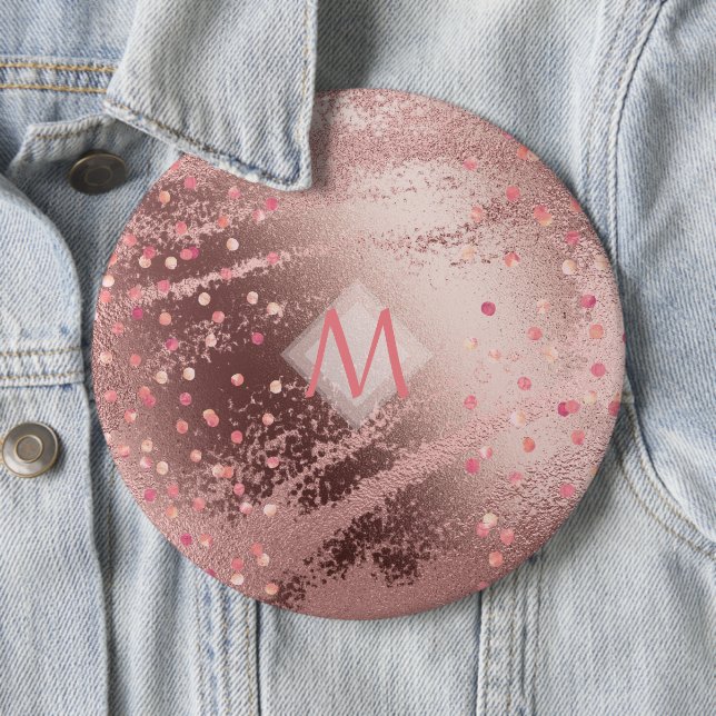 Monogram ROSEGOLD Metallic Foil Confetti Look 6 Inch Round Button (In Situ)