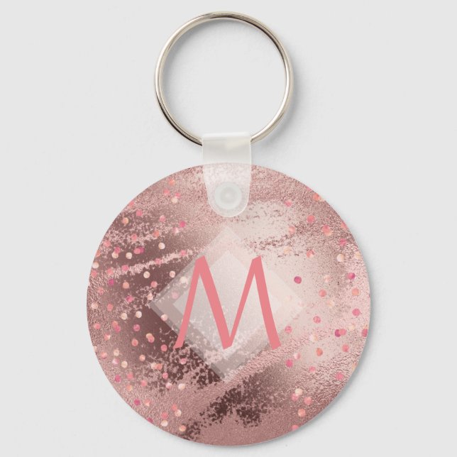 Monogram ROSEGOLD Metallic Foil Confetti Look Keychain (Front)
