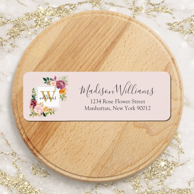 Monogram Roses Gold Flower Floral Return Address (In situ)