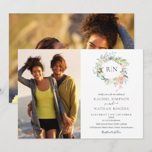 Monogram Roses Greenery Floral 2 Photo Wedding Invitation