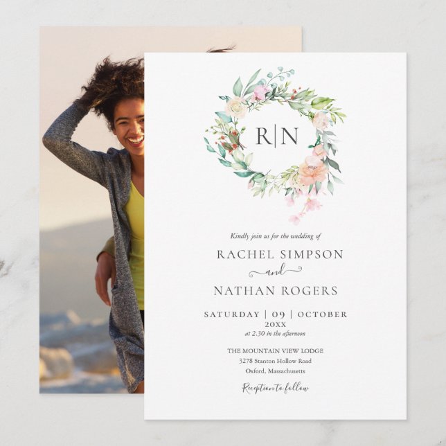 Monogram Roses Greenery Floral Photo Wedding Invitation (Front/Back)