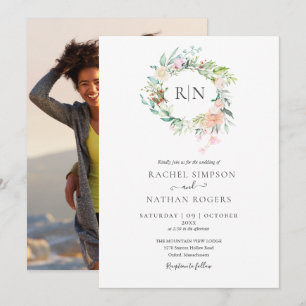 Monogram Roses Greenery Floral Photo Wedding Invitation