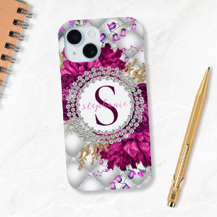 Monogram Roses Pink Burgundy Diamonds Elegant iPhone 15 Case