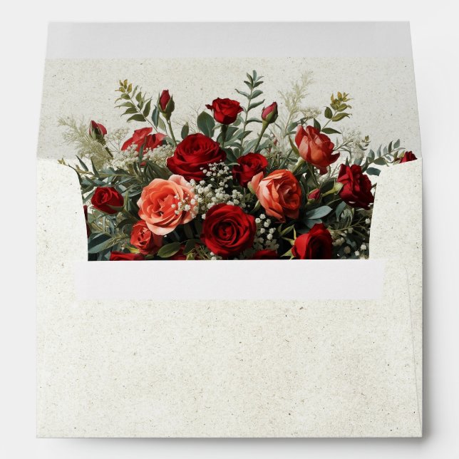 Monogram, Roses & Ribbon - Red Wedding Envelope (Back (Bottom))