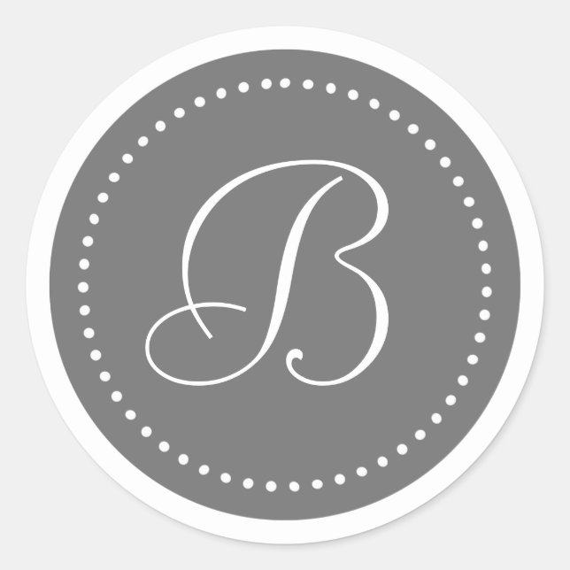Monogram Round Grey/White Dot Border Classic Round Sticker (Front)