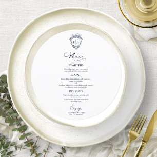 Monogram Round Wedding Menu Cards Navy Blue
