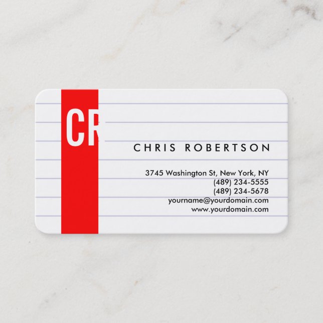 Monogram Rounded Corner Lined Paper Business Card (Front)