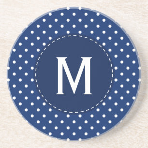 Monogram Royal Blue and White Polka Dot Pattern Coaster