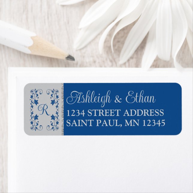 Monogram Royal Blue, Grey Floral Wedding Address (Insitu)