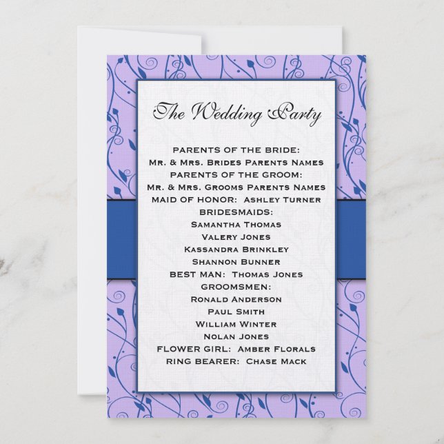 Monogram Royal Blue Lilac Swirl Wedding Program (Back)