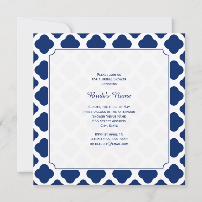 Monogram Royal Blue Quatrefoil Bridal Shower Invitation (Front)