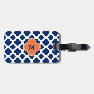 Monogram Royal Blue Quatrefoil Pattern with Orange Luggage Tag