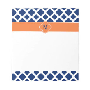 Monogram Royal Blue Quatrefoil Pattern with Orange Notepad