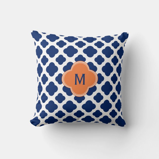 Monogram Royal Blue Quatrefoil Pattern with Orange Throw Pillow (Front)
