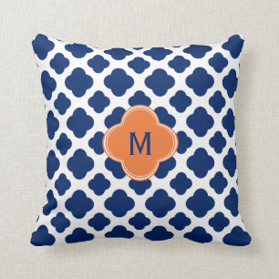 Monogram Royal Blue Quatrefoil Pattern with Orange Throw Pillow