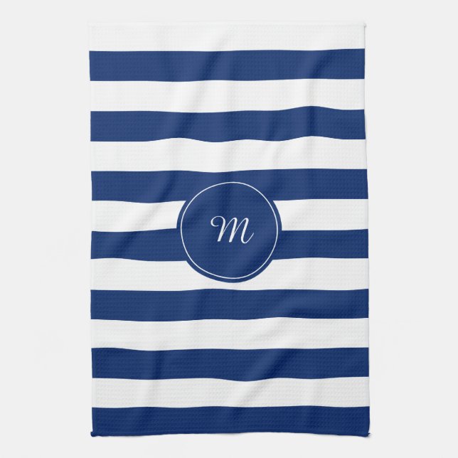 Monogram Royal Blue Striped Kitchen Towel (Vertical)