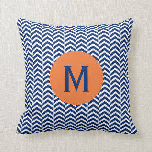 Monogram Royal Blue with Orange Chevron Pattern Throw Pillow