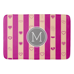 Monogram Royal Fuchsia Stripe Modern Heart Pattern Bath Mat