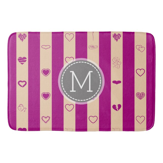 Monogram Royal Fuchsia Stripe Modern Heart Pattern Bath Mat (Front)