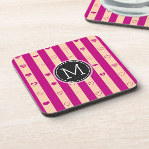 Monogram Royal Fuchsia Stripe Modern Heart Pattern Coaster