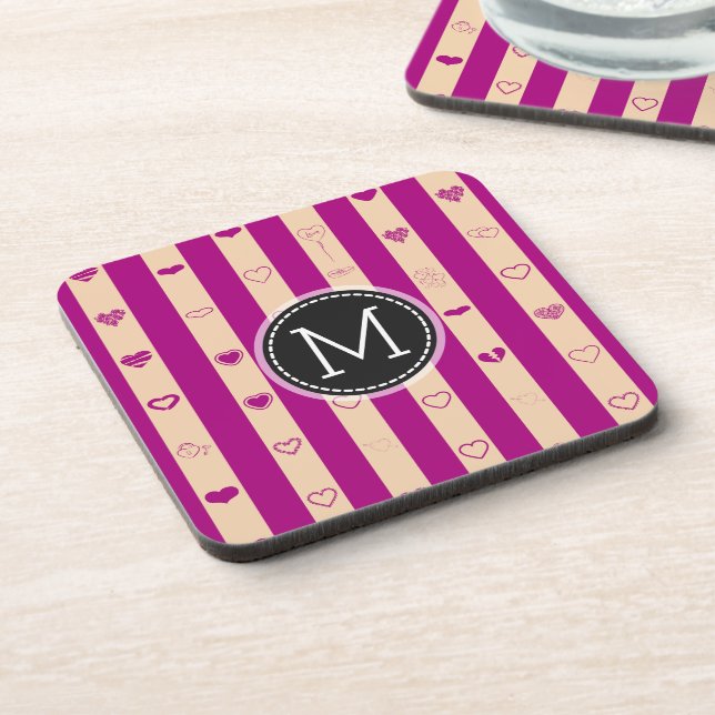 Monogram Royal Fuchsia Stripe Modern Heart Pattern Coaster (Left Side)