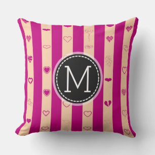 Monogram Royal Fuchsia Stripe Modern Heart Pattern Throw Pillow
