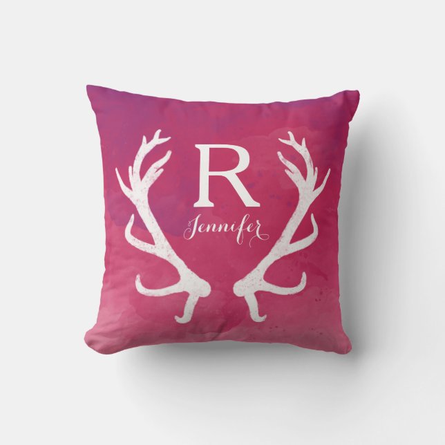 Monogram Rustic Antlers Watercolor Bright Pink Throw Pillow (Front)